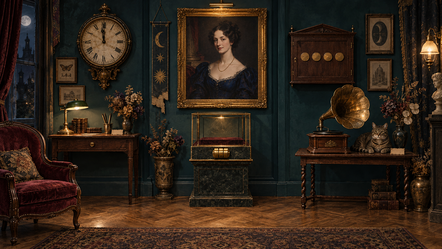 A mysterious museum gallery at midnight